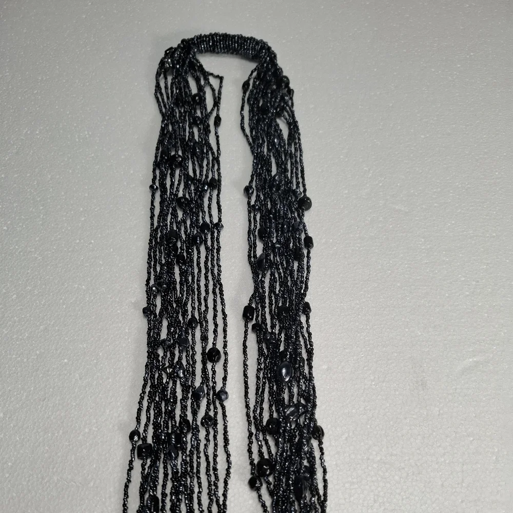 Black Multi-Strand Beaded Scarf Callar Necklace - Unbranded Boho Artistic